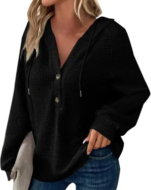 Womens Waffle Sweater Autumn Casual Solid Drawstring Hooded Button Up Slouchy Hoodies Loose Knitted Long Sleeve Tops