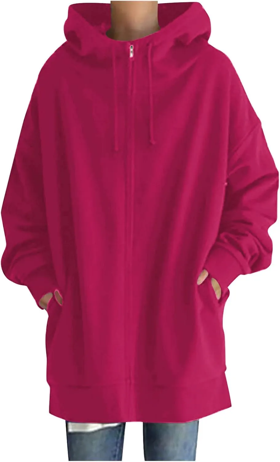 Women's Warm Hooded Coat Plus Size Zipper Fleece Sweatshirt Winter Solid Long Sleeve Baggy Mid-Length Jacket Pocket
