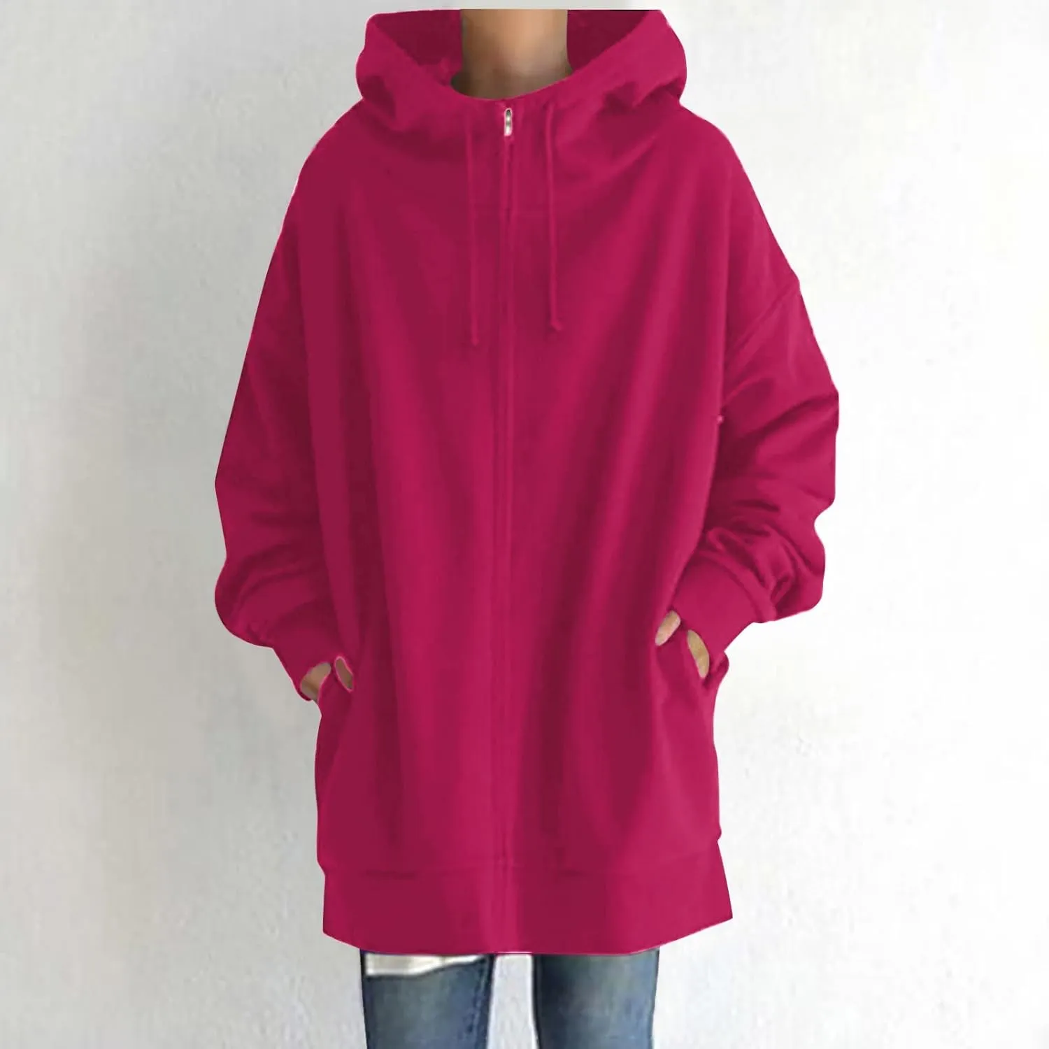 Women's Warm Hooded Coat Plus Size Zipper Fleece Sweatshirt Winter Solid Long Sleeve Baggy Mid-Length Jacket Pocket