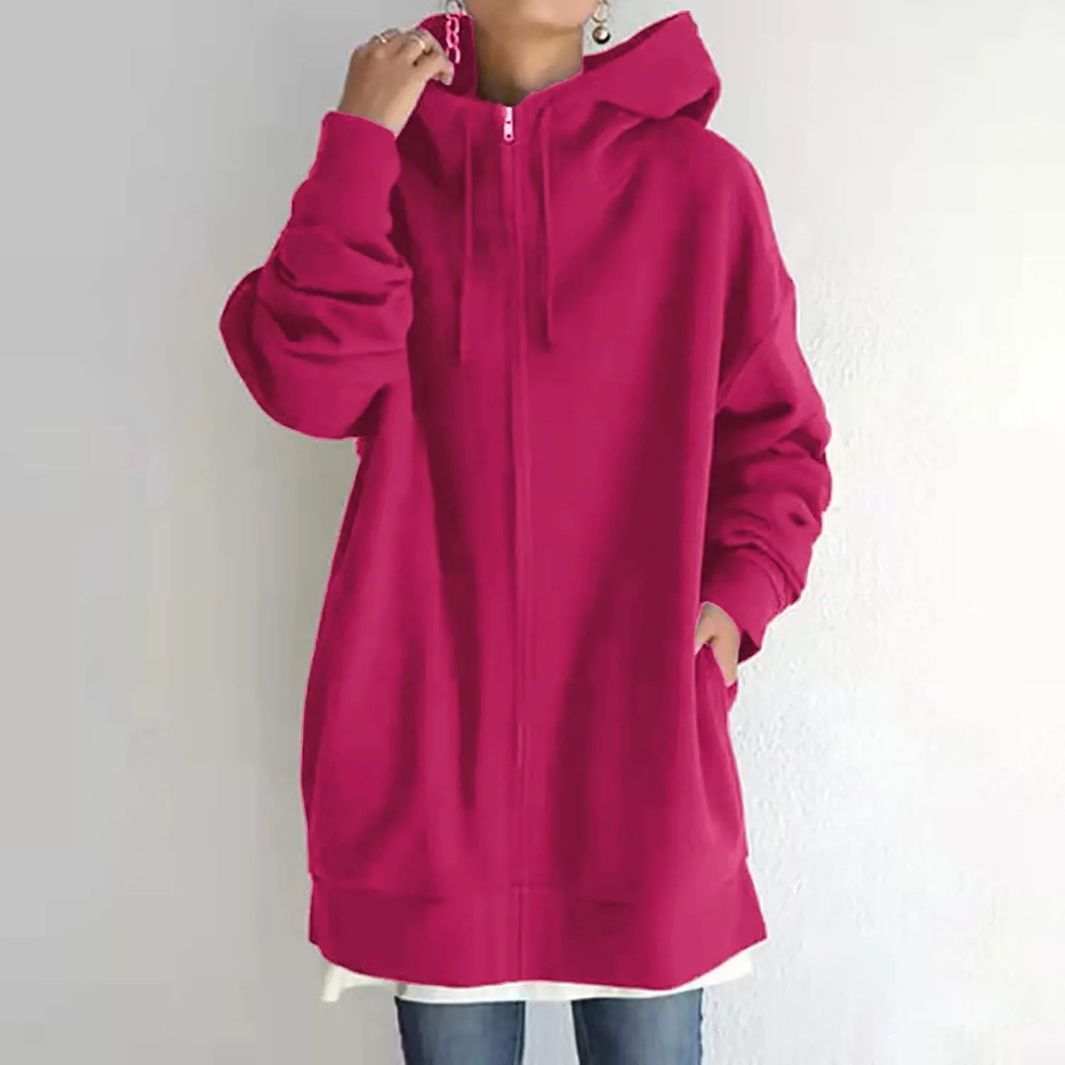 Women's Warm Hooded Coat Plus Size Zipper Fleece Sweatshirt Winter Solid Long Sleeve Baggy Mid-Length Jacket Pocket