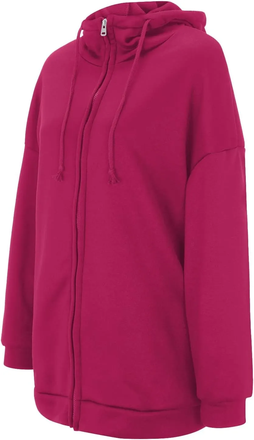 Women's Warm Hooded Coat Plus Size Zipper Fleece Sweatshirt Winter Solid Long Sleeve Baggy Mid-Length Jacket Pocket
