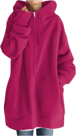 Women's Warm Hooded Coat Plus Size Zipper Fleece Sweatshirt Winter Solid Long Sleeve Baggy Mid-Length Jacket Pocket