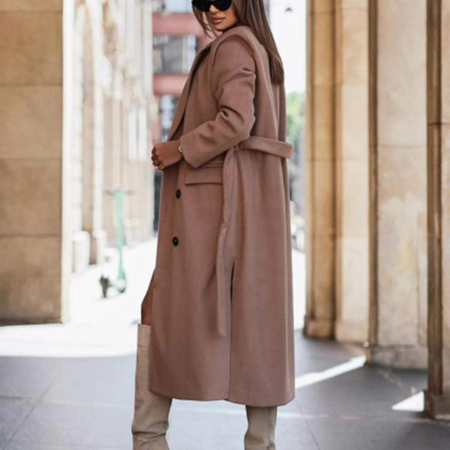 Women's Winter Double Breasted Wool Coat Long Sleeve Notch Lapel Overcoats Midi Long Winter Trench Coats Belt