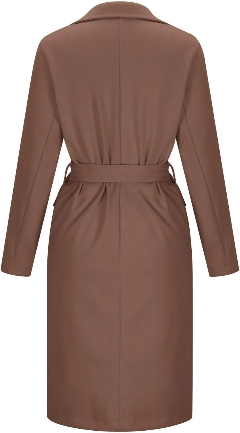 Women's Winter Double Breasted Wool Coat Long Sleeve Notch Lapel Overcoats Midi Long Winter Trench Coats Belt