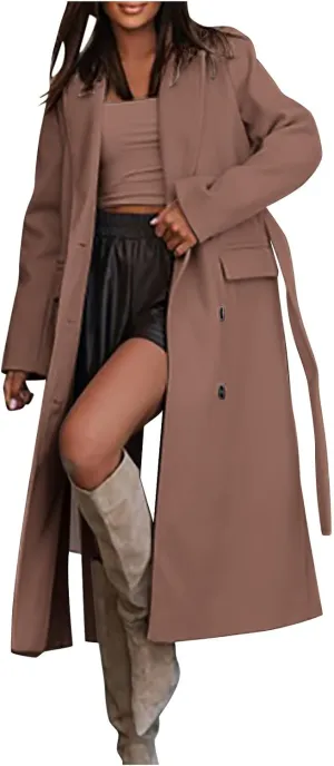 Women's Winter Double Breasted Wool Coat Long Sleeve Notch Lapel Overcoats Midi Long Winter Trench Coats Belt