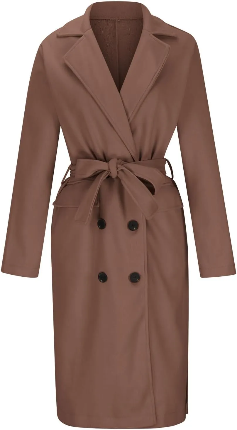 Women's Winter Double Breasted Wool Coat Long Sleeve Notch Lapel Overcoats Midi Long Winter Trench Coats Belt