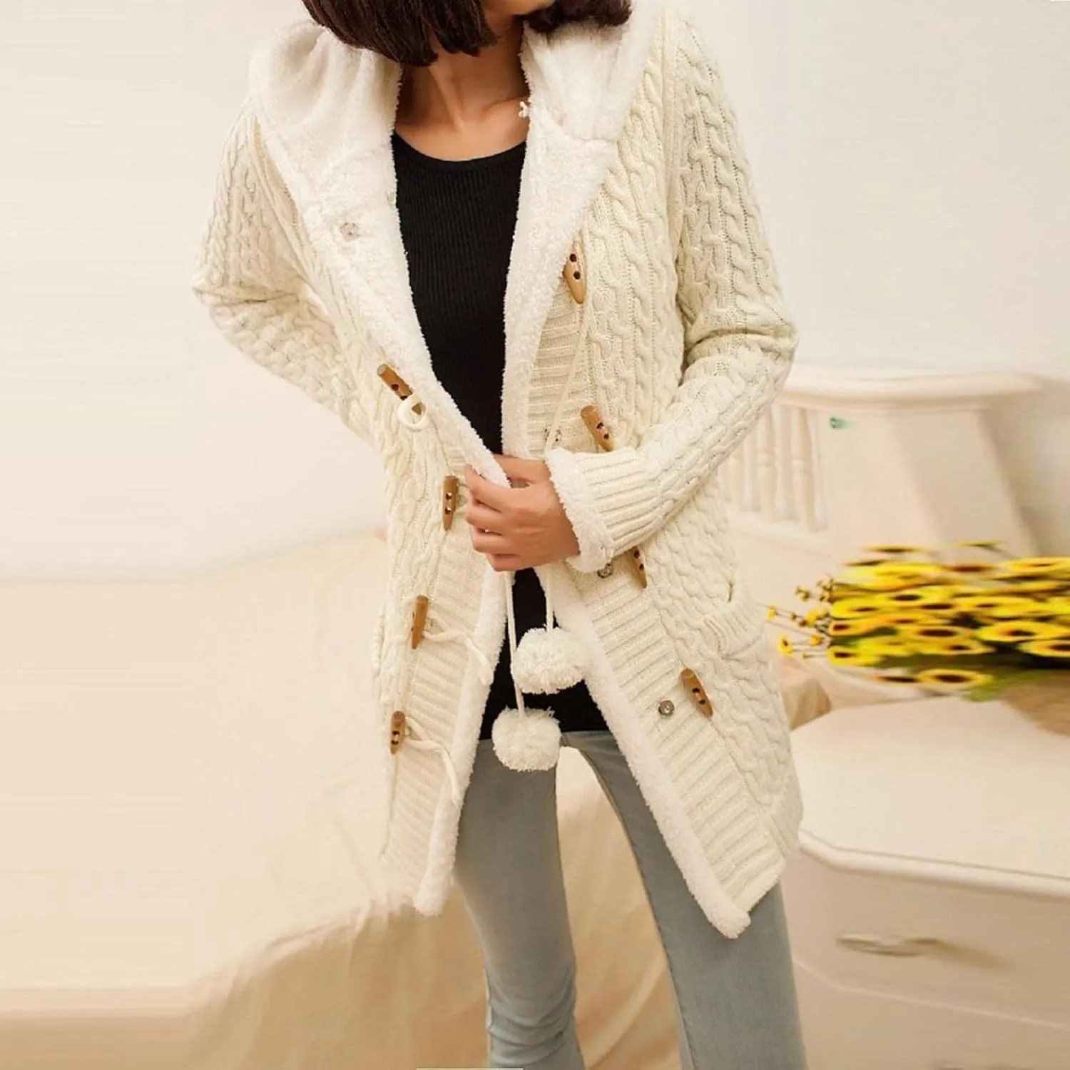 Womens Winter Fleece Liner Hooded Cardigans Button Up Cable Knit Sweater Coat Solid Classic Outerwear with Pockets