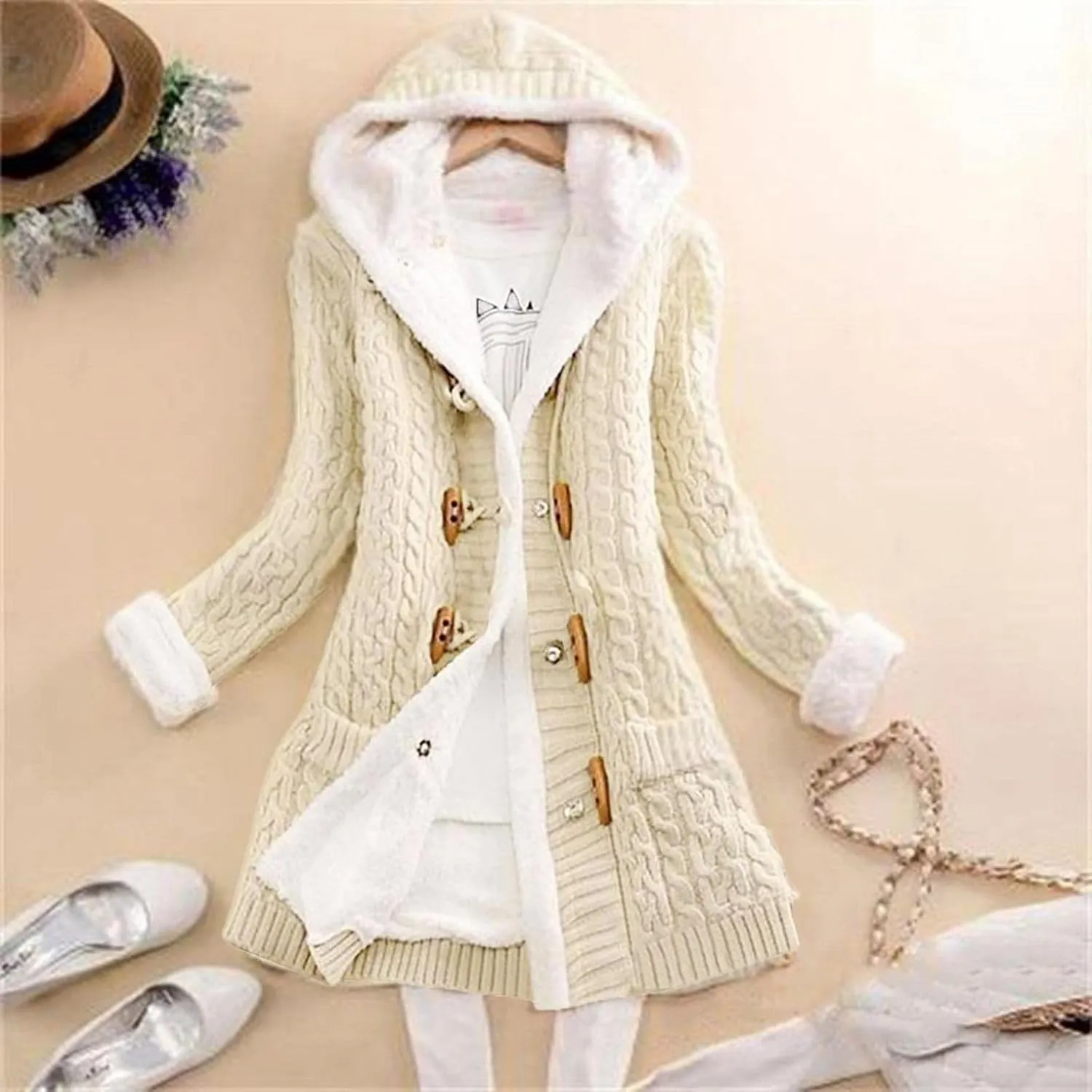 Womens Winter Fleece Liner Hooded Cardigans Button Up Cable Knit Sweater Coat Solid Classic Outerwear with Pockets