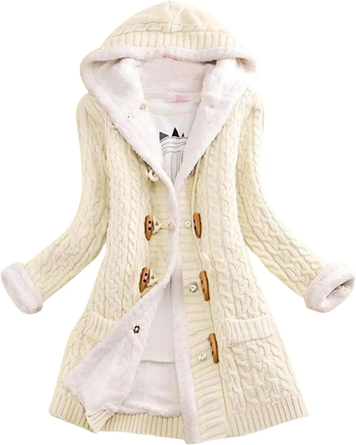 Womens Winter Fleece Liner Hooded Cardigans Button Up Cable Knit Sweater Coat Solid Classic Outerwear with Pockets