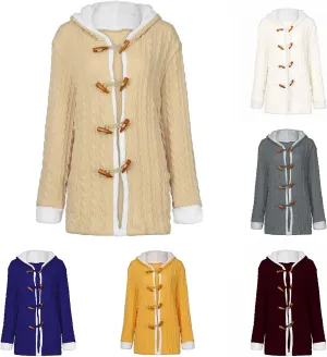 Womens Winter Fleece Liner Hooded Cardigans Button Up Cable Knit Sweater Coat Solid Classic Outerwear with Pockets
