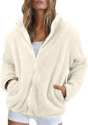 Women's Winter Fleece Sweatshirt Jacket Full Zip Sherpa Fur Hooded Jacket Lightweight Shaggy Teddy Coat Outerwear