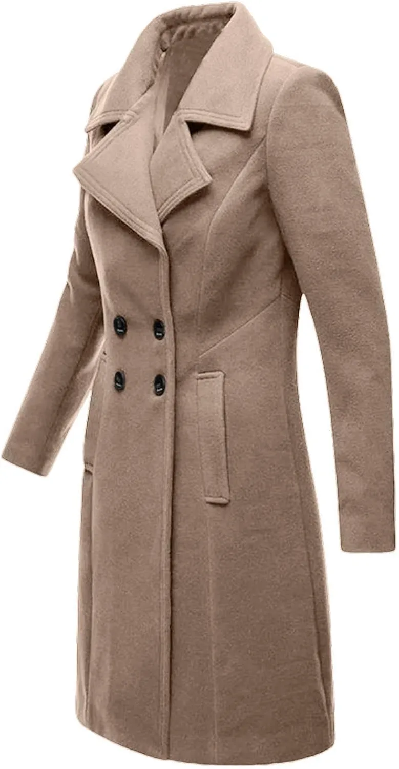 Womens Winter Pea Coats 2024 Casual Mid Long Length Trench Coat Notch Lapel Double Breasted Wool Coat Overcoats