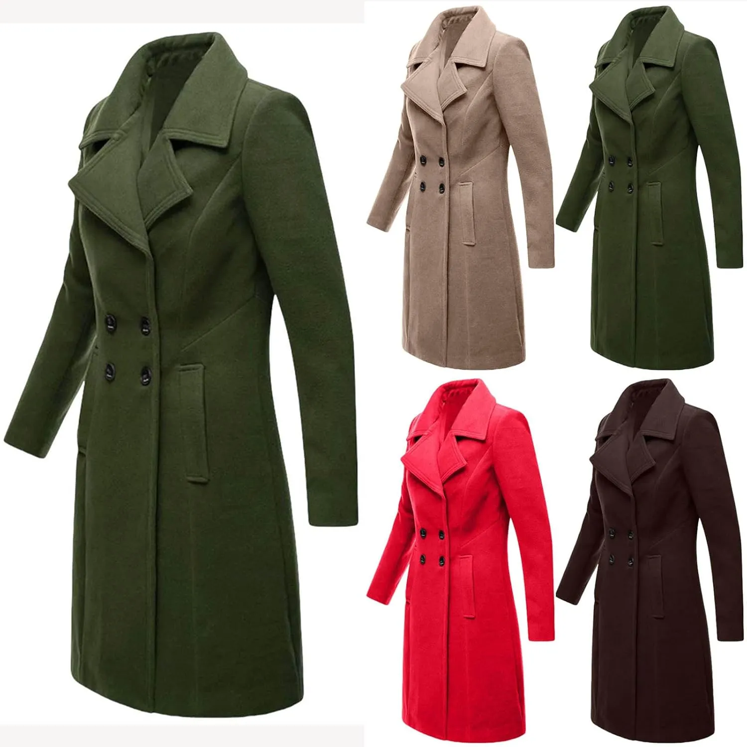 Womens Winter Pea Coats 2024 Casual Mid Long Length Trench Coat Notch Lapel Double Breasted Wool Coat Overcoats