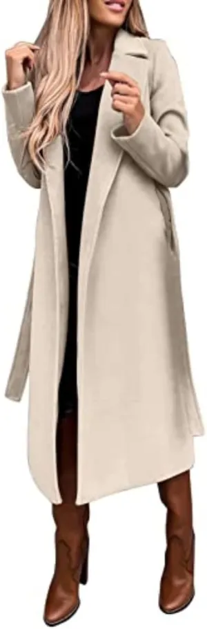 Womens Winter Trench Coats Elegant Long Length Slim Fit Coats Open Front Belt Overcoat Long Lapel Collar Pea Coat