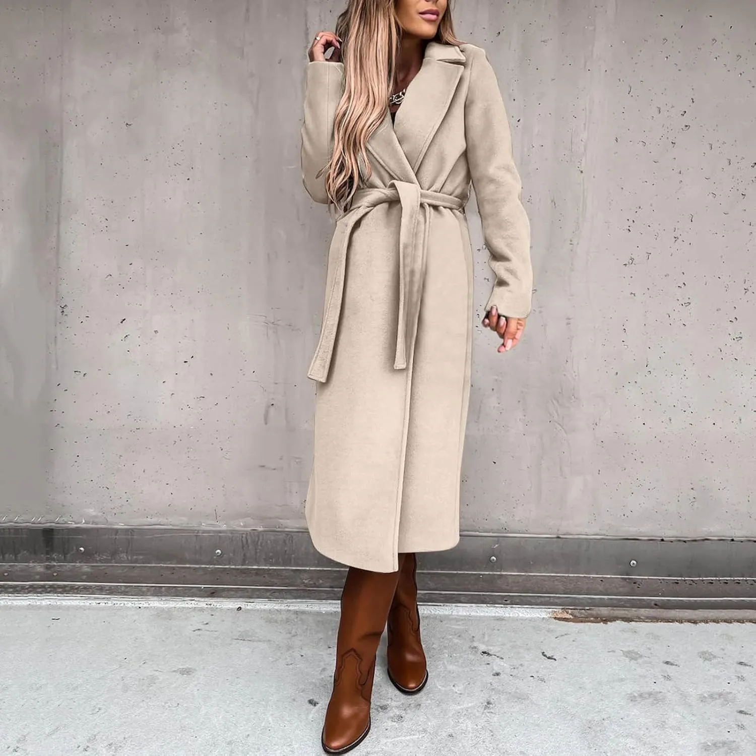 Womens Winter Trench Coats Elegant Long Length Slim Fit Coats Open Front Belt Overcoat Long Lapel Collar Pea Coat