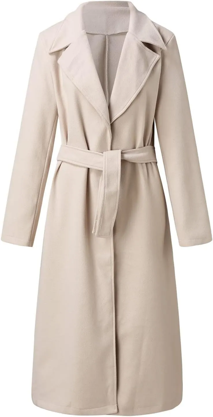 Womens Winter Trench Coats Elegant Long Length Slim Fit Coats Open Front Belt Overcoat Long Lapel Collar Pea Coat
