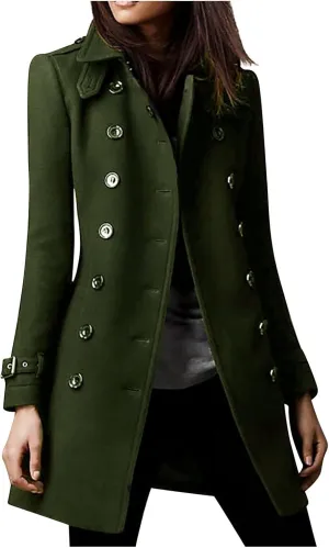 Women's Winter Trench Coats Elegant Notched Collar Double Breasted Pea Coats Wool Blend Long Sleeve Fall Jackets