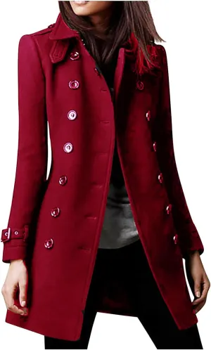 Women's Winter Trench Coats Elegant Notched Collar Double Breasted Pea Coats Wool Blend Long Sleeve Fall Jackets
