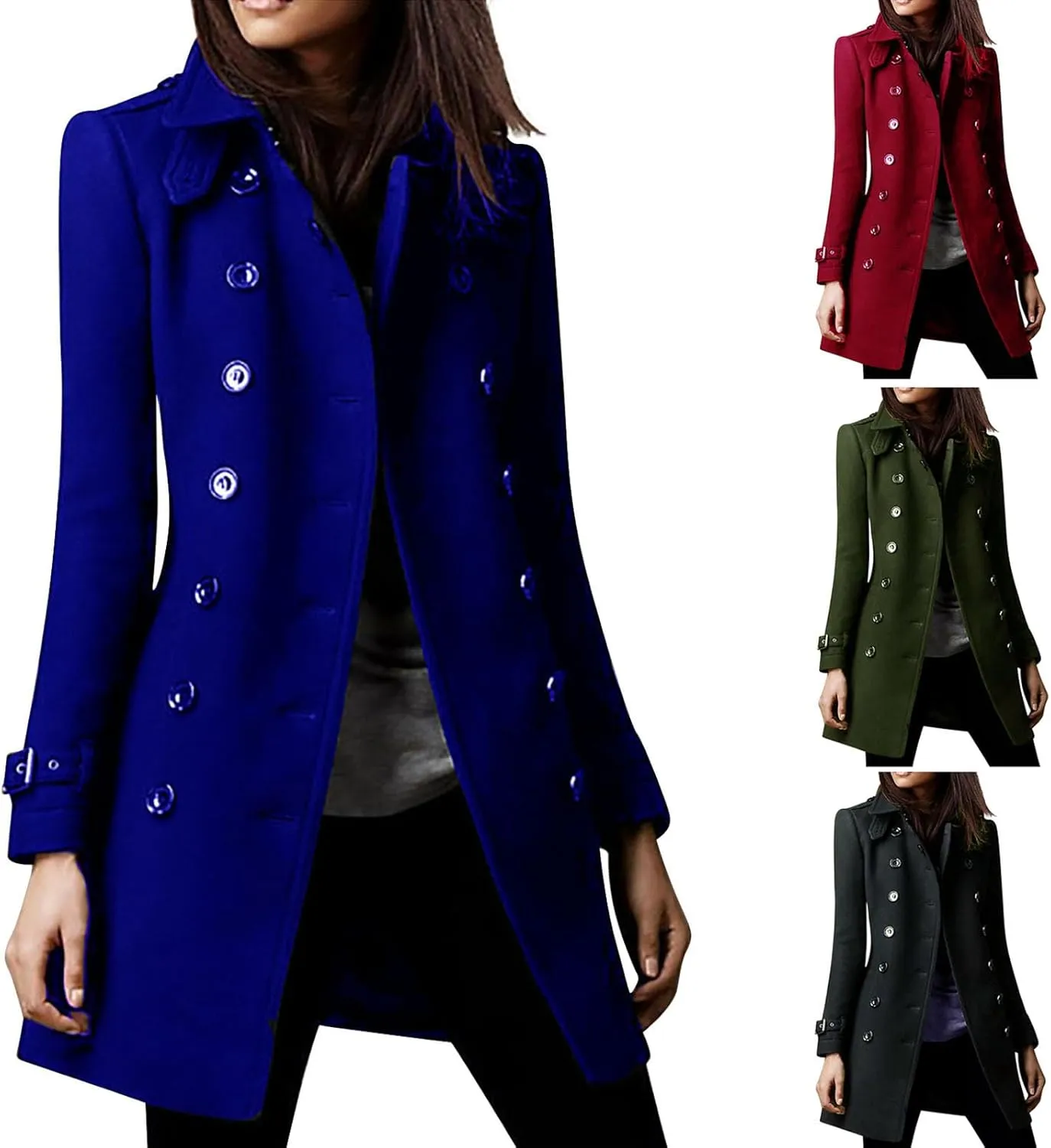 Women's Winter Trench Coats Elegant Notched Collar Double Breasted Pea Coats Wool Blend Long Sleeve Fall Jackets