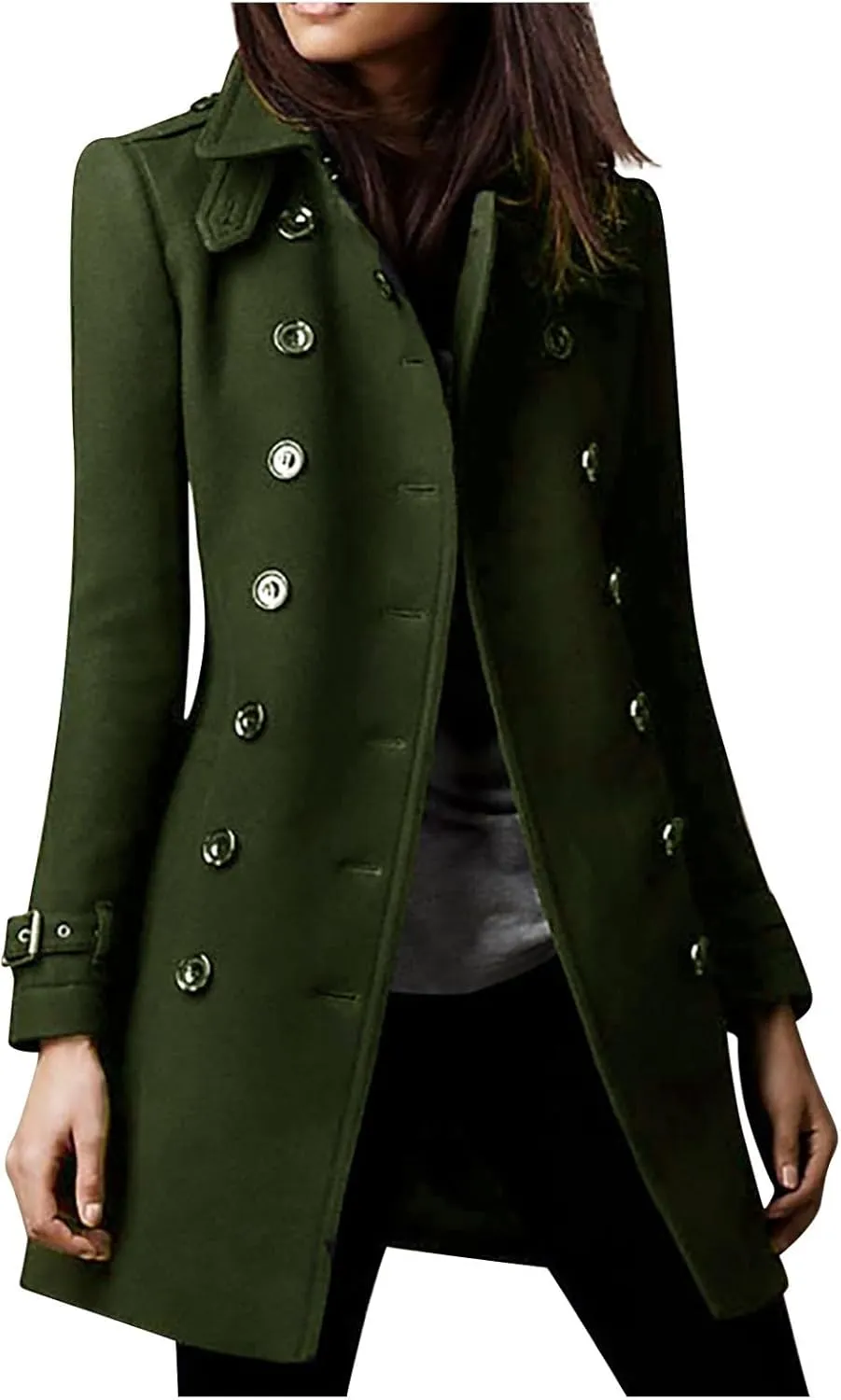 Women's Winter Trench Coats Elegant Notched Collar Double Breasted Pea Coats Wool Blend Long Sleeve Fall Jackets