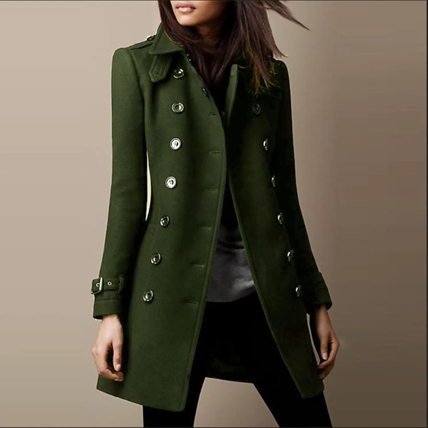 Women's Winter Trench Coats Elegant Notched Collar Double Breasted Pea Coats Wool Blend Long Sleeve Fall Jackets