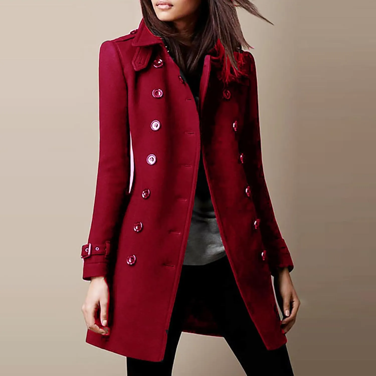Women's Winter Trench Coats Elegant Notched Collar Double Breasted Pea Coats Wool Blend Long Sleeve Fall Jackets
