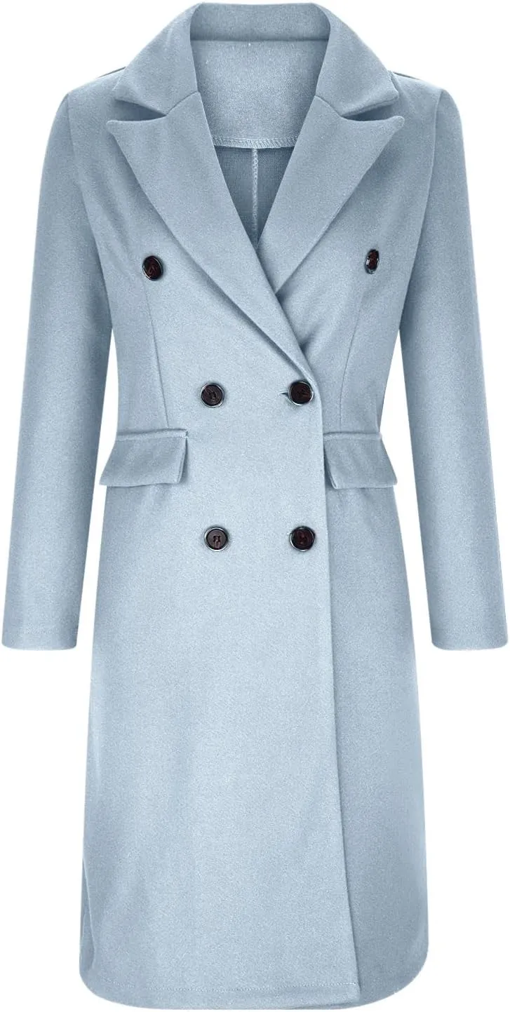 Womens Wool Coat Double Breasted Long Trench Coat 2024 Fall Winter Warm Thick Pea Coat Outerwear With Pockets