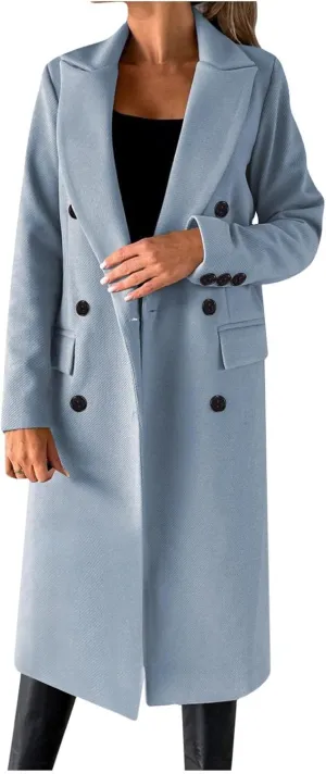 Womens Wool Coat Double Breasted Long Trench Coat 2024 Fall Winter Warm Thick Pea Coat Outerwear With Pockets