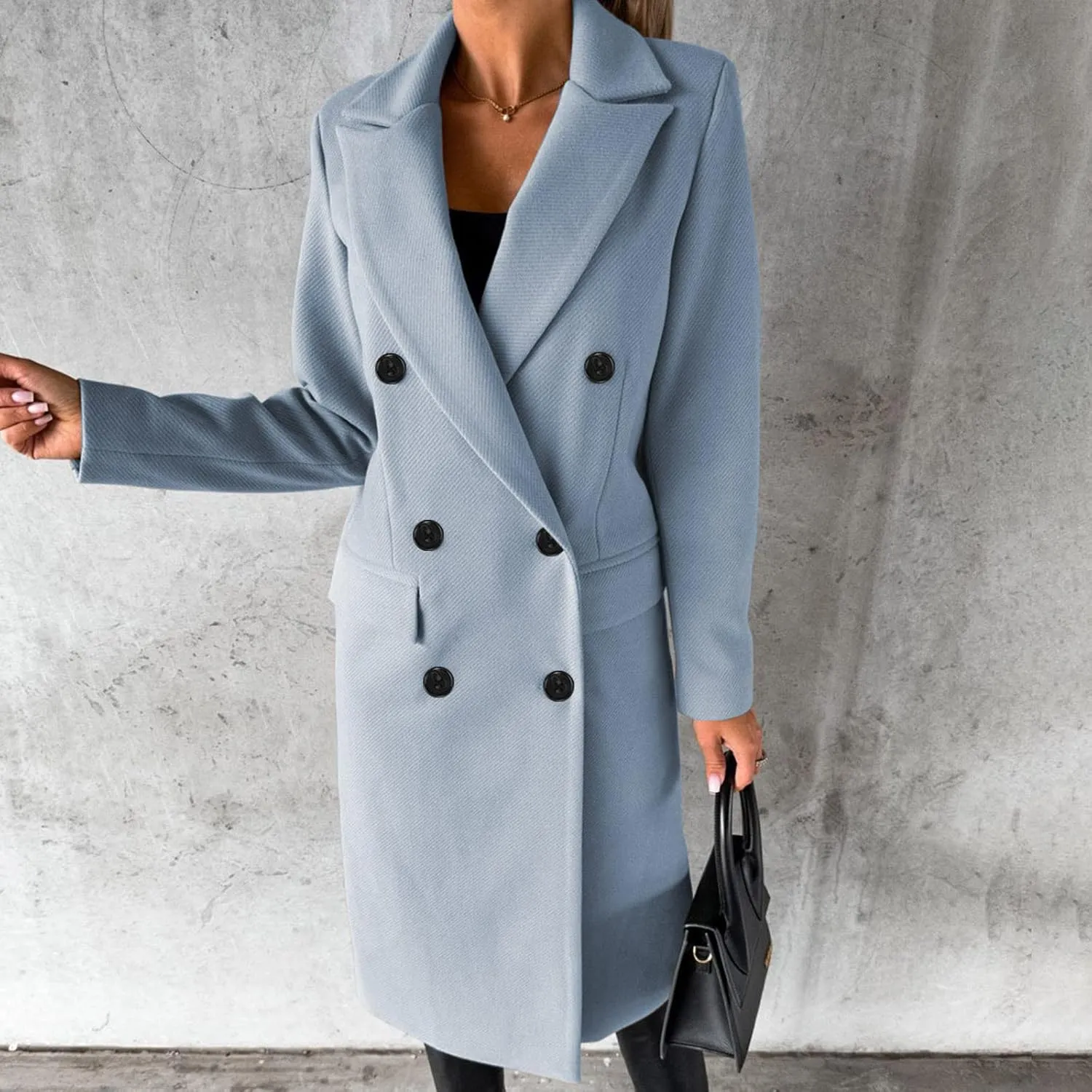 Womens Wool Coat Double Breasted Long Trench Coat 2024 Fall Winter Warm Thick Pea Coat Outerwear With Pockets
