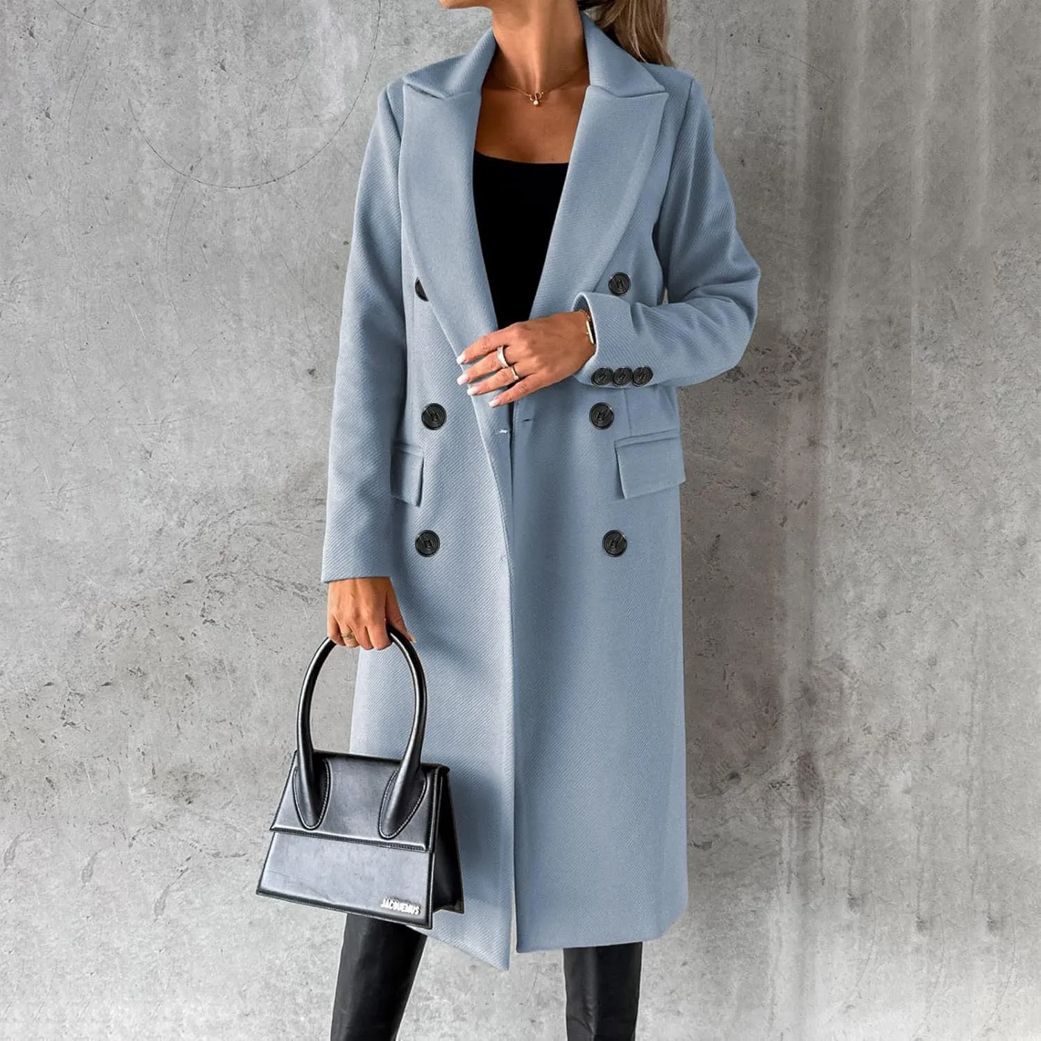 Womens Wool Coat Double Breasted Long Trench Coat 2024 Fall Winter Warm Thick Pea Coat Outerwear With Pockets