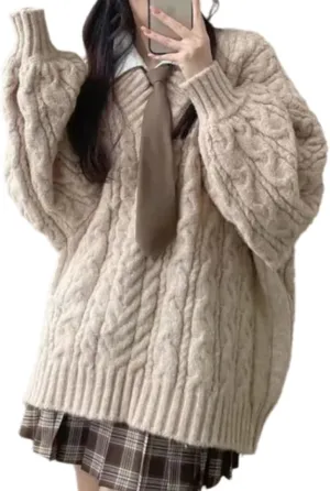 Women's Y2K Oversized Chunky Cable Knit Sweater Casual Long Sleeves V Neck Pullover Tops