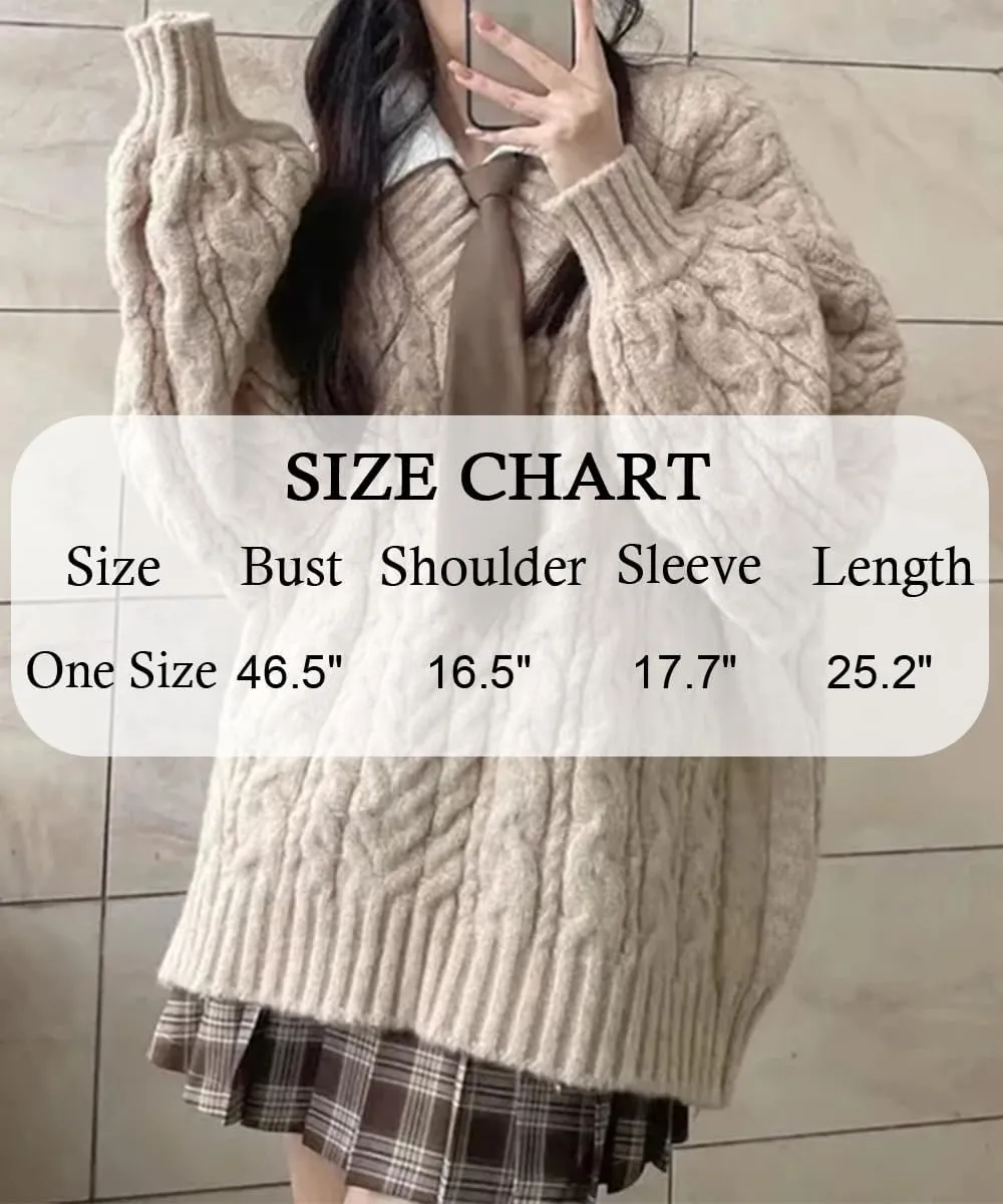 Women's Y2K Oversized Chunky Cable Knit Sweater Casual Long Sleeves V Neck Pullover Tops