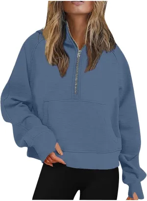 Womens Zip up Hoodies Oversized Sweatshirts Half Zip Cropped Pullover Fleece Preppy Clothes Fall Teen Girls Outfits