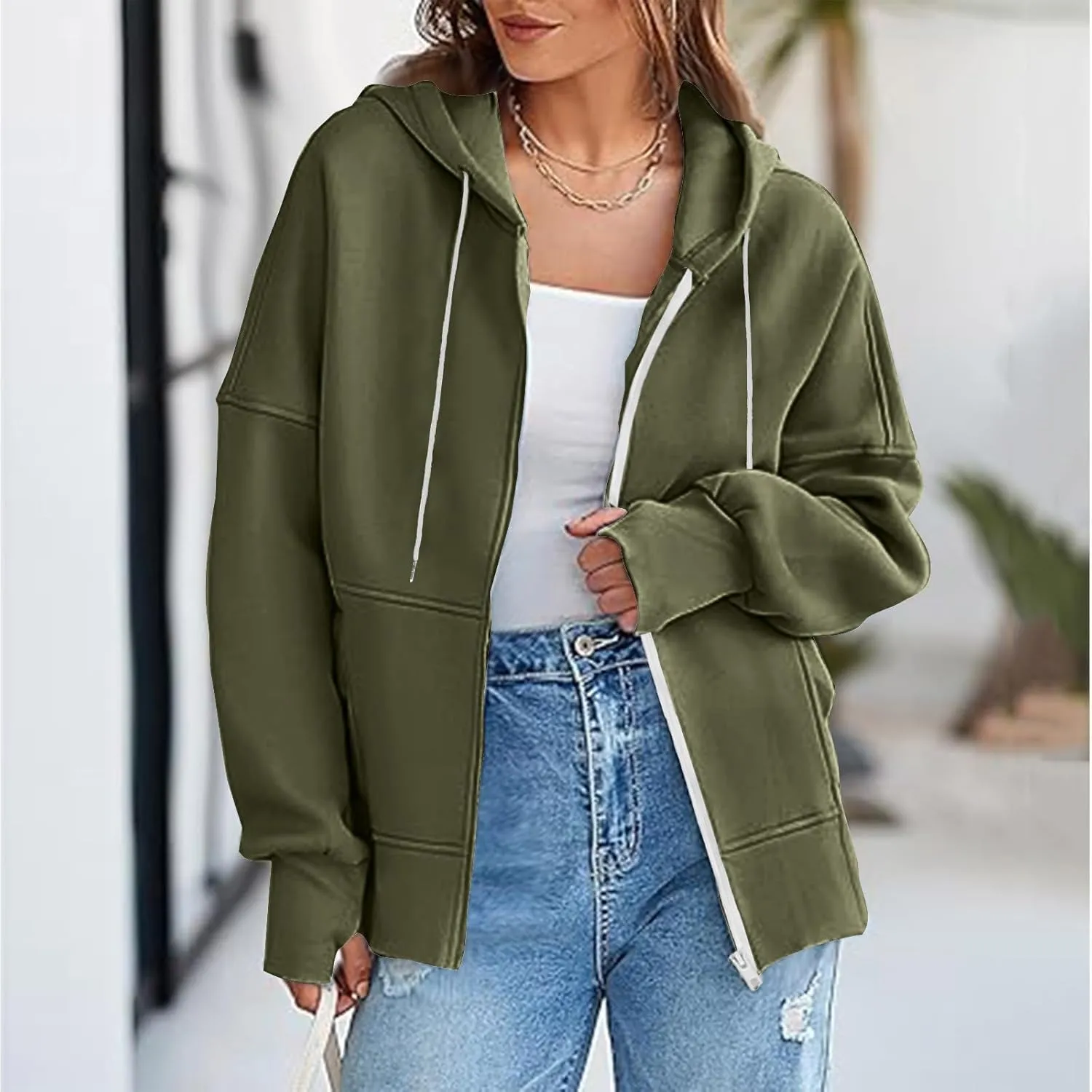 Womens Zip Up Hoodies Sweatshirts Fall Fashion Outfits 2024 Casual Long Sleeve Drawstring Loose Jackets with Pockets