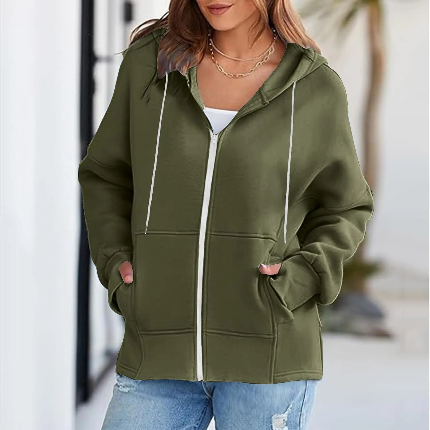 Womens Zip Up Hoodies Sweatshirts Fall Fashion Outfits 2024 Casual Long Sleeve Drawstring Loose Jackets with Pockets