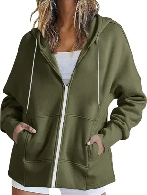 Womens Zip Up Hoodies Sweatshirts Fall Fashion Outfits 2024 Casual Long Sleeve Drawstring Loose Jackets with Pockets