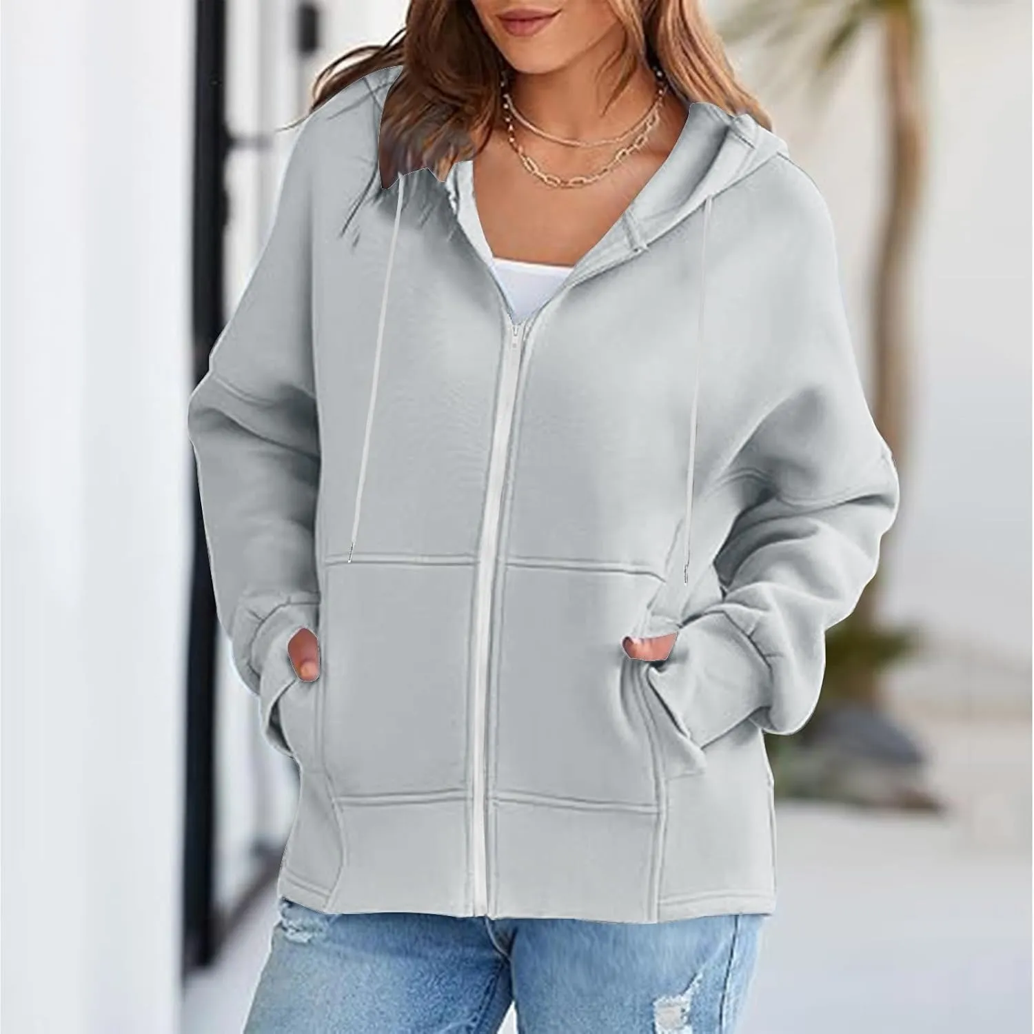 Womens Zip Up Hoodies Sweatshirts Fall Fashion Outfits 2024 Casual Long Sleeve Drawstring Loose Jackets with Pockets