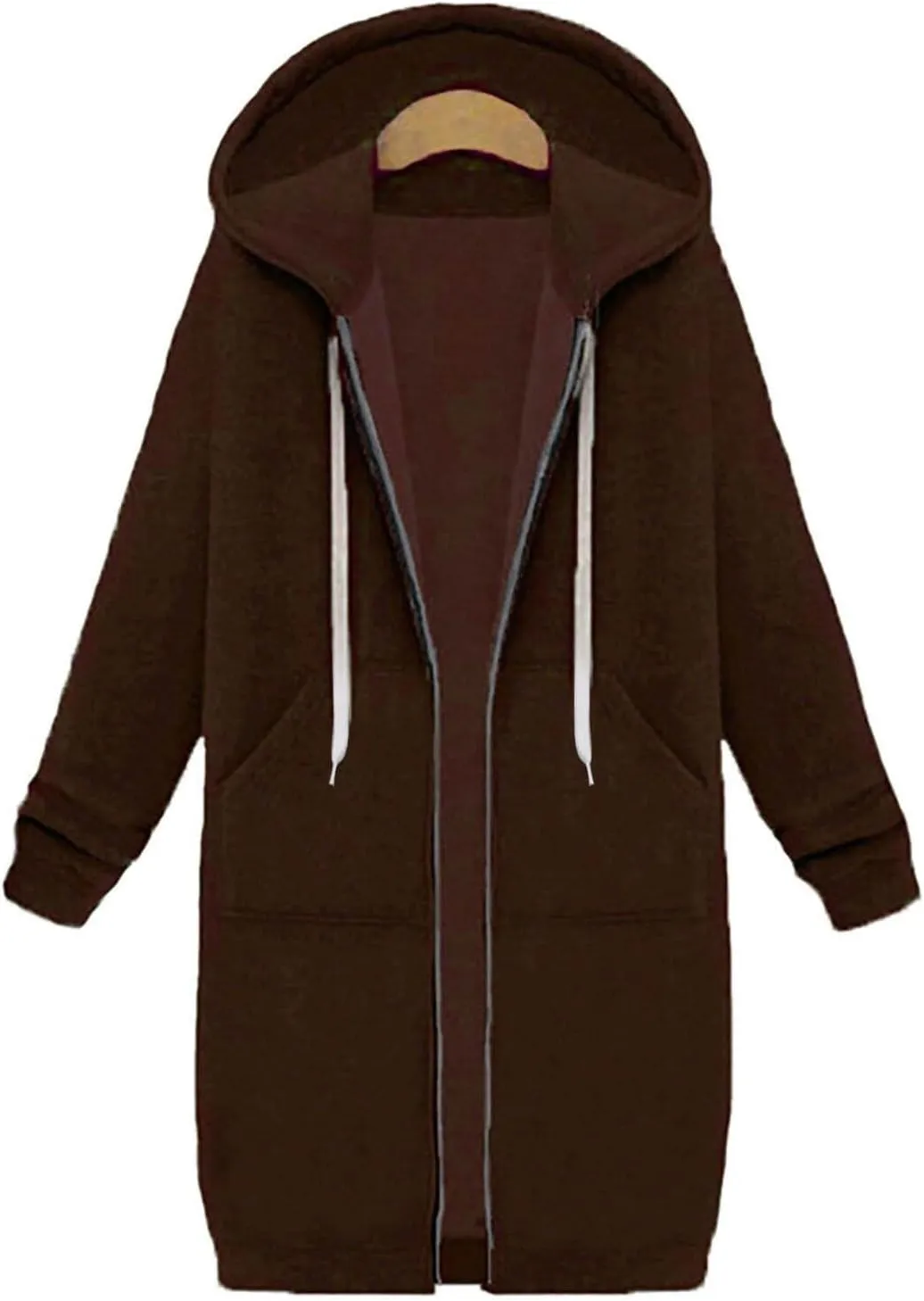 Womens Zip Up Long Hoodies Casual Drawstring Fleece Hooded Jacket Fall Winter Oversized Hoodie Coat Casual Sweatshirt