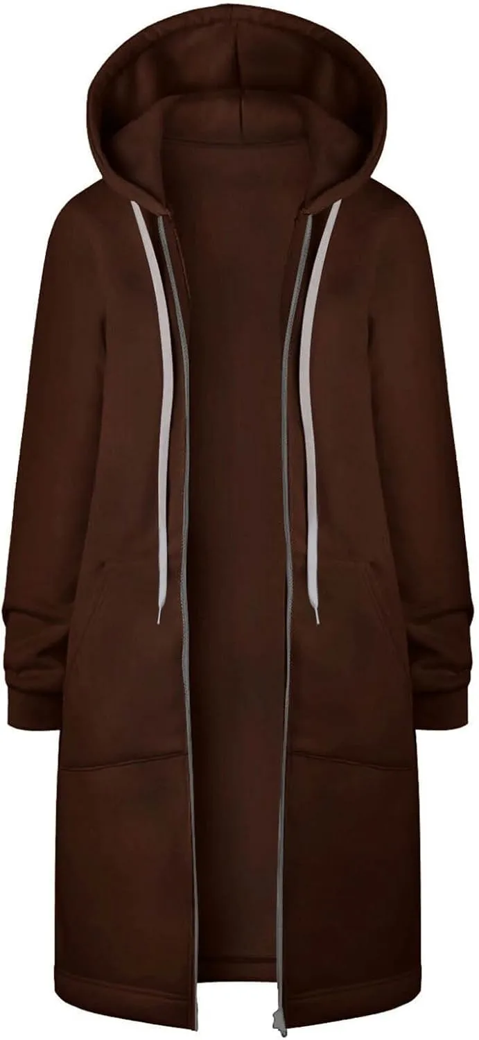 Womens Zip Up Long Hoodies Casual Drawstring Fleece Hooded Jacket Fall Winter Oversized Hoodie Coat Casual Sweatshirt