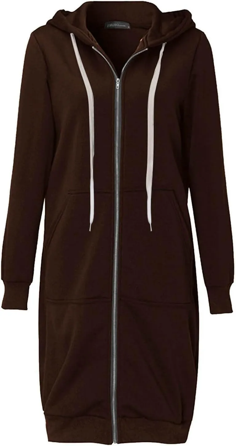 Womens Zip Up Long Hoodies Casual Drawstring Fleece Hooded Jacket Fall Winter Oversized Hoodie Coat Casual Sweatshirt
