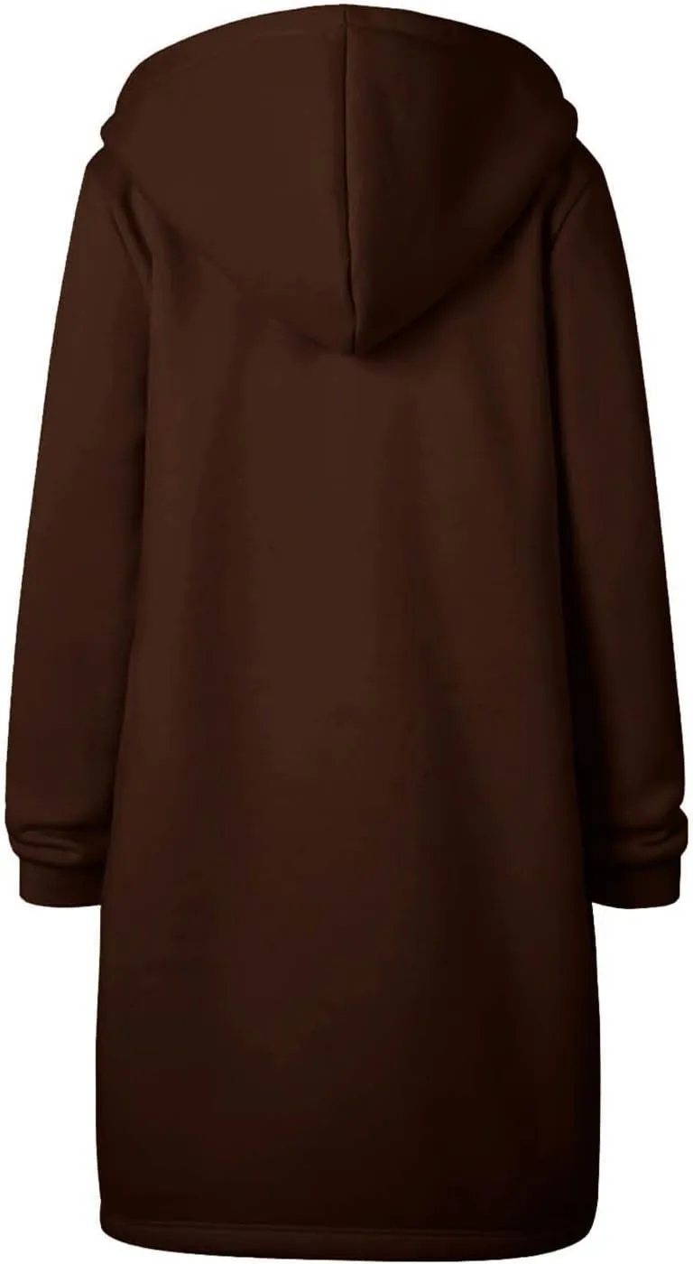 Womens Zip Up Long Hoodies Casual Drawstring Fleece Hooded Jacket Fall Winter Oversized Hoodie Coat Casual Sweatshirt