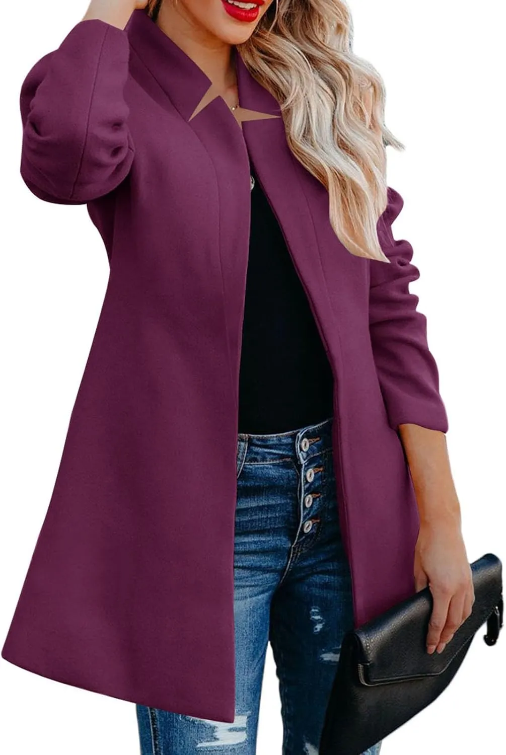 Wool Coats for Women Casual Notch Lapel Open Front Cardigan Outwear Mid Length Solid Color Pea Trench Coat 2023