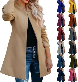 Wool Coats for Women Casual Notch Lapel Open Front Cardigan Outwear Mid Length Solid Color Pea Trench Coat 2023