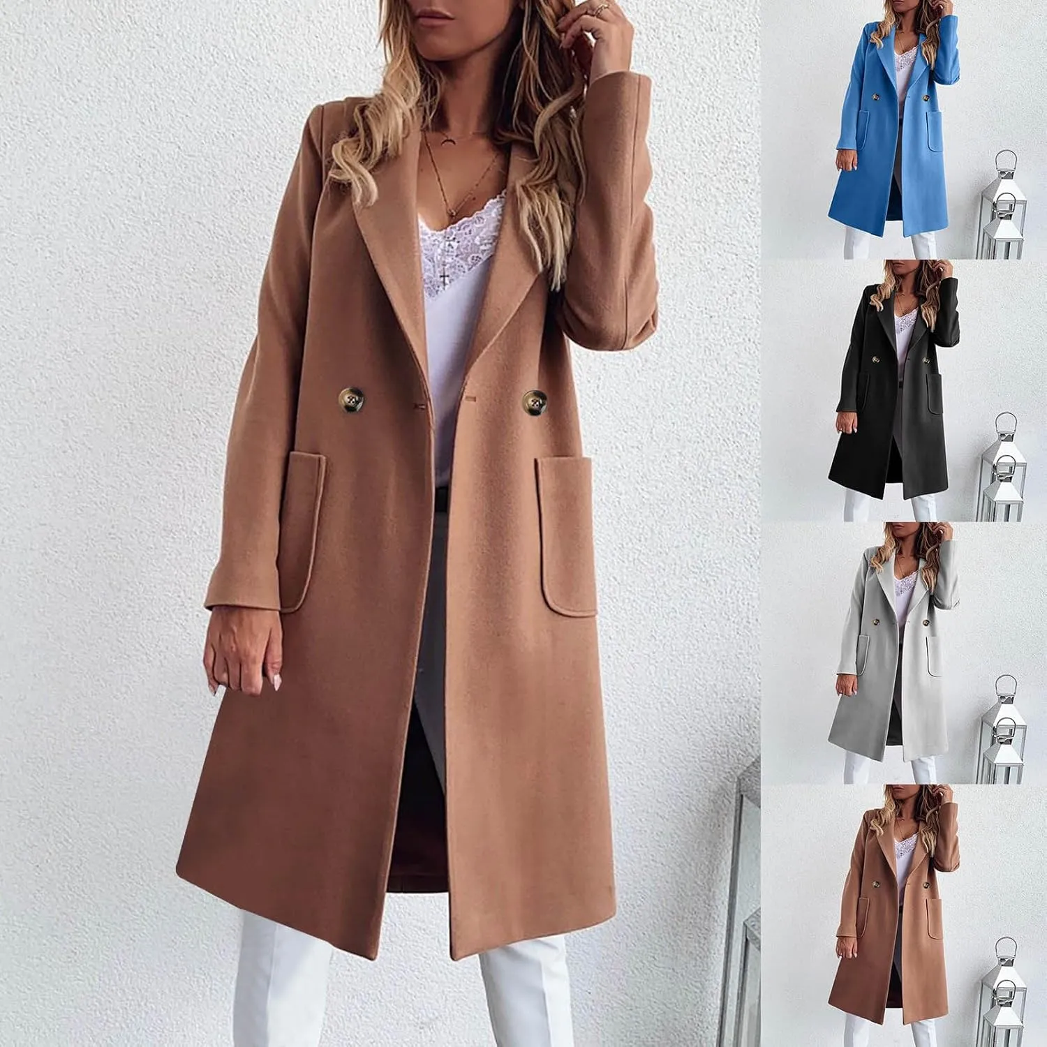 Wool Coats for Women Casual Winter Mid Long Oversized Trench Coat Notched Lapel Collar Doubel-Breasted Over Coats