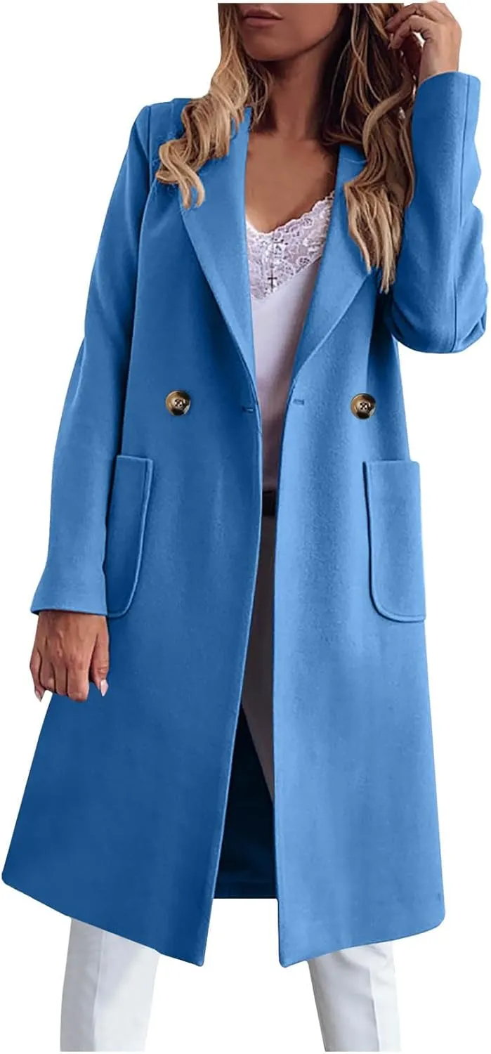Wool Coats for Women Casual Winter Mid Long Oversized Trench Coat Notched Lapel Collar Doubel-Breasted Over Coats