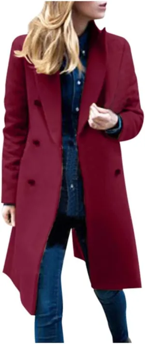 Wool Coats for Women Double Breasted Notch Lapel Peacoat Oversized Long Overcoat 2024 Winter Outerwear with Pockets