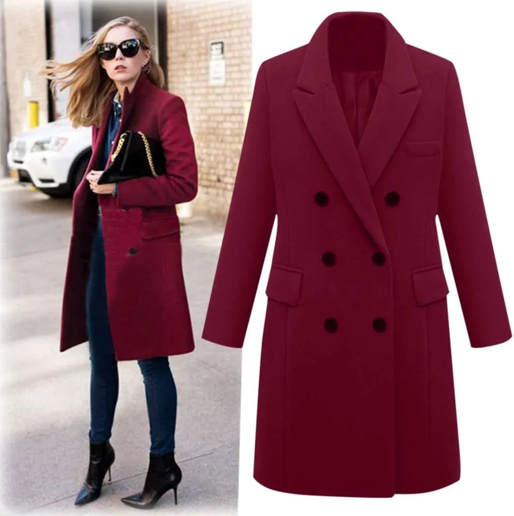 Wool Coats for Women Double Breasted Notch Lapel Peacoat Oversized Long Overcoat 2024 Winter Outerwear with Pockets