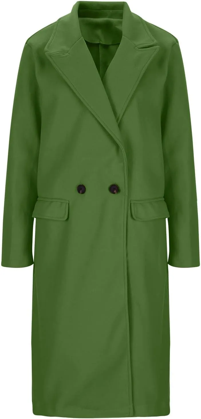 Wool Trench Coat for Women Double Breasted Notched Lapel Oversized Long Jackets Winter Warm Wool Blend Pea Coat