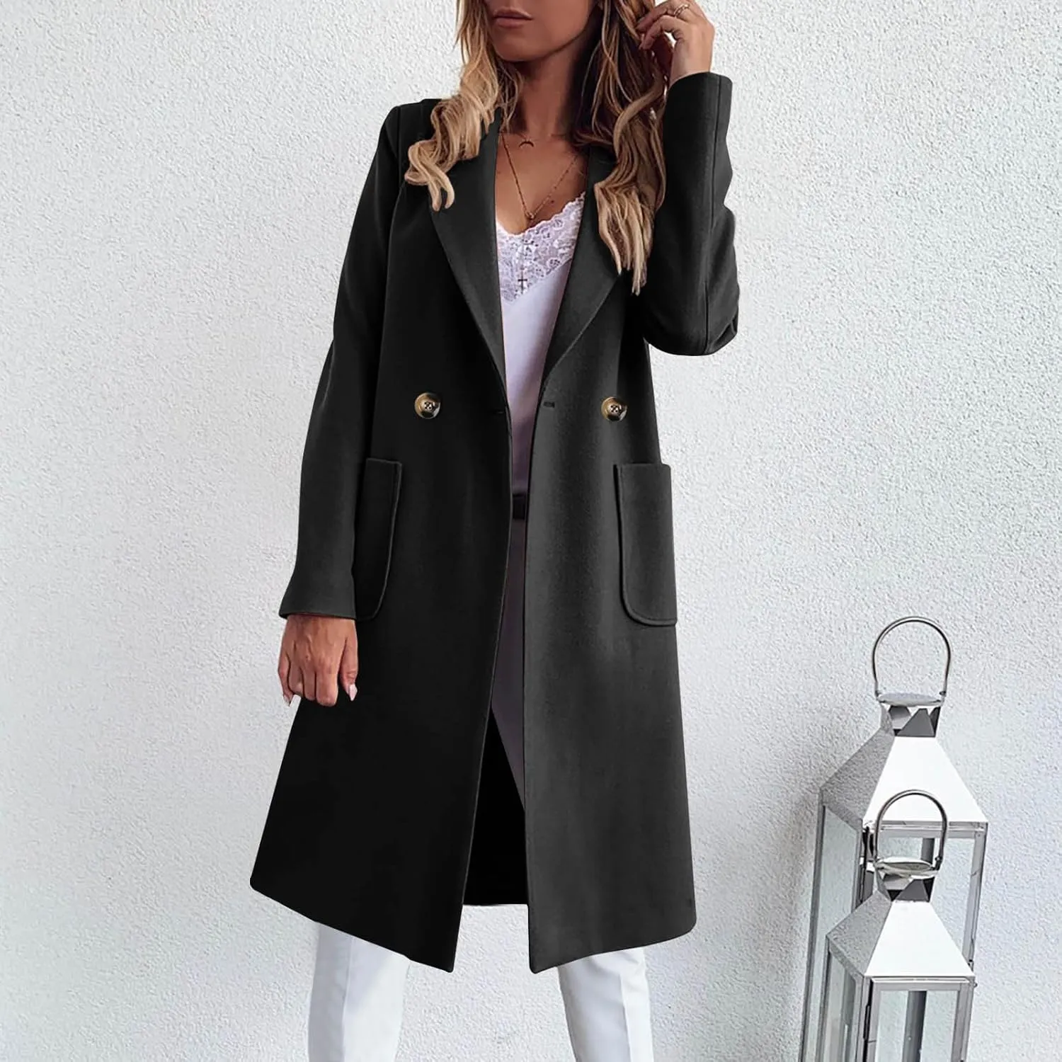 Wool Trench Coat for Women Double Breasted Notched Lapel Peacoat Mid-Long Winter Jackets Overcoats with Pockets