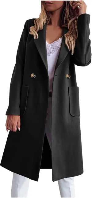 Wool Trench Coat for Women Double Breasted Notched Lapel Peacoat Mid-Long Winter Jackets Overcoats with Pockets